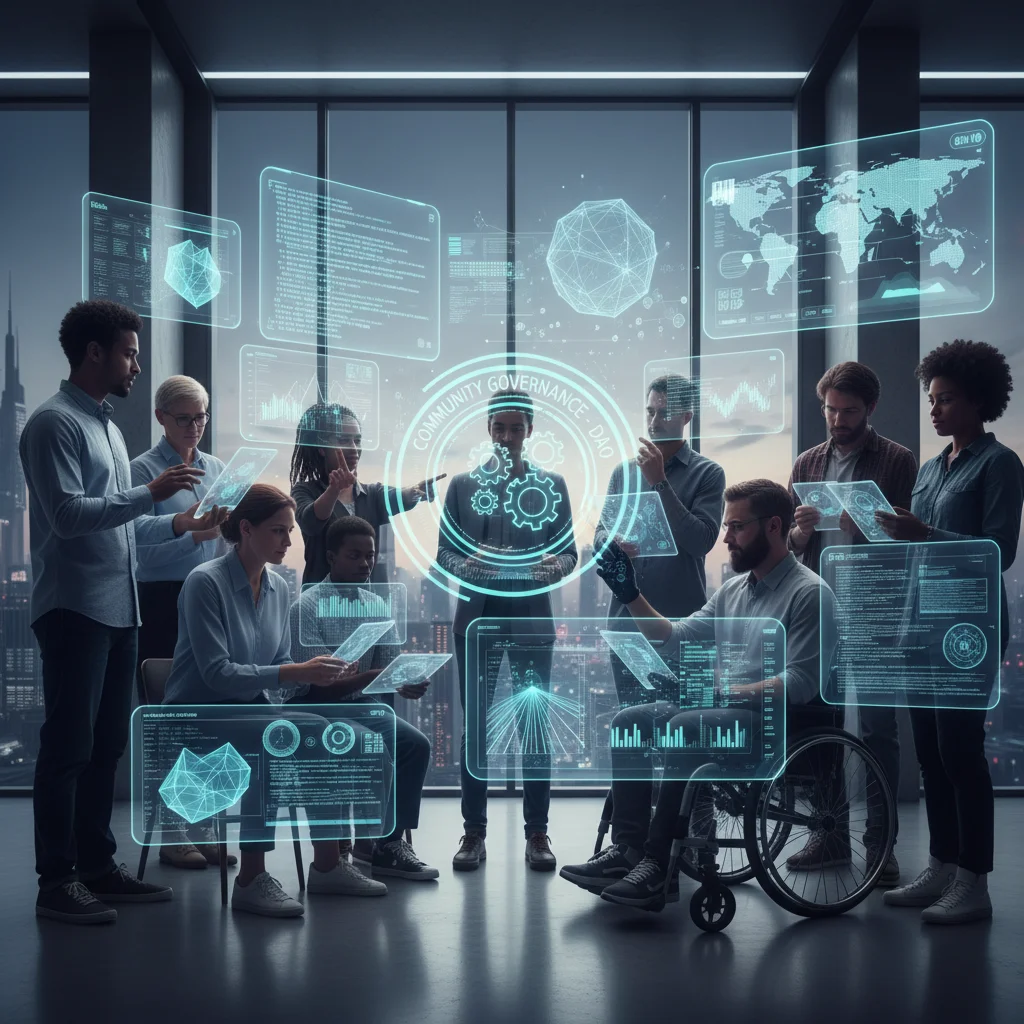 Diverse group collaborating in a Decentralized Autonomous Organization (DAO) meeting, highlighting community governance in Web3.