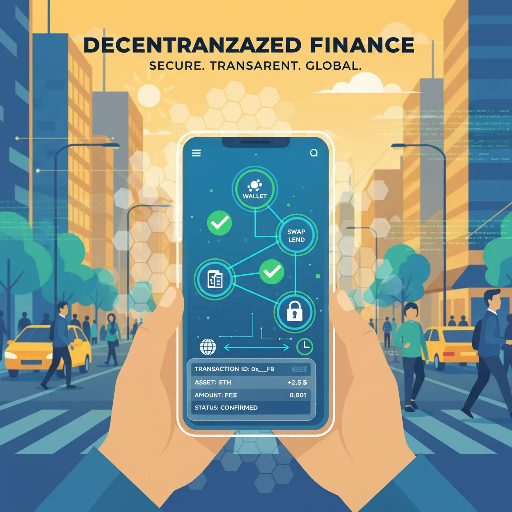 User interacting with a decentralized finance application on a smartphone, showcasing secure and transparent Web3 transactions.