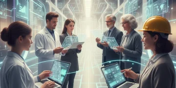 People engaging in respectful digital interactions on various devices, futuristic setting.
