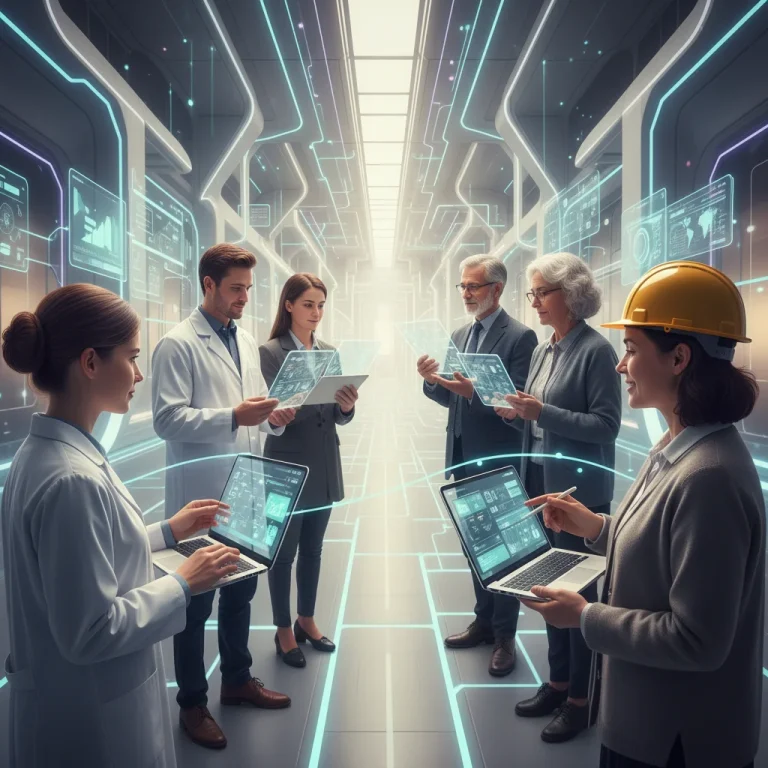 People engaging in respectful digital interactions on various devices, futuristic setting.