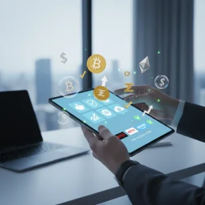 Hand holding tablet showing subscription apps and floating money symbols, representing digital subscription management and savings.