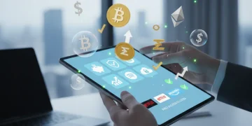 Hand holding tablet showing subscription apps and floating money symbols, representing digital subscription management and savings.