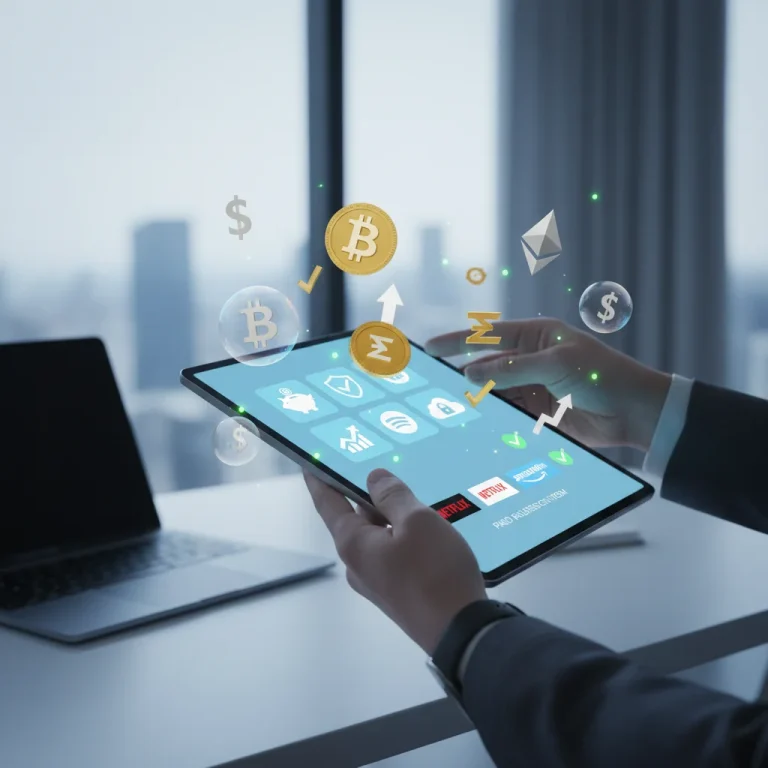 Hand holding tablet showing subscription apps and floating money symbols, representing digital subscription management and savings.