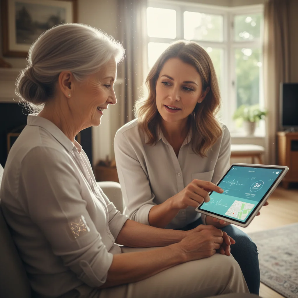Elderly individual with smart health patch, family monitoring remotely
