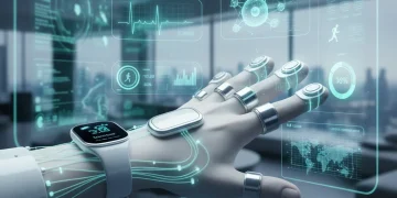 Futuristic wearable technology on a hand displaying health data