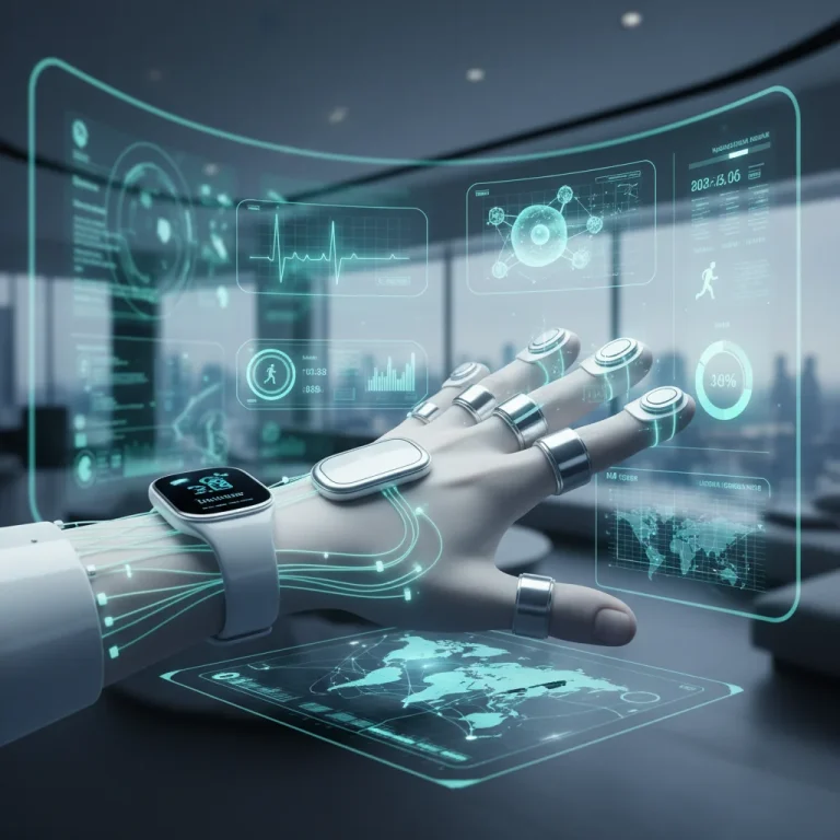Futuristic wearable technology on a hand displaying health data