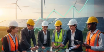 Professionals collaborating on sustainable energy project, green economy growth