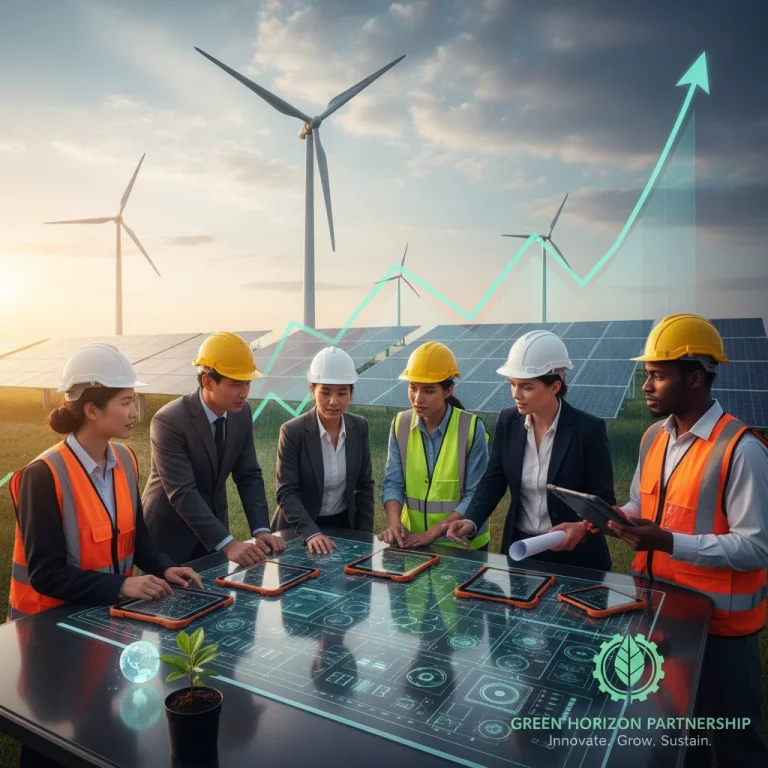 Professionals collaborating on sustainable energy project, green economy growth