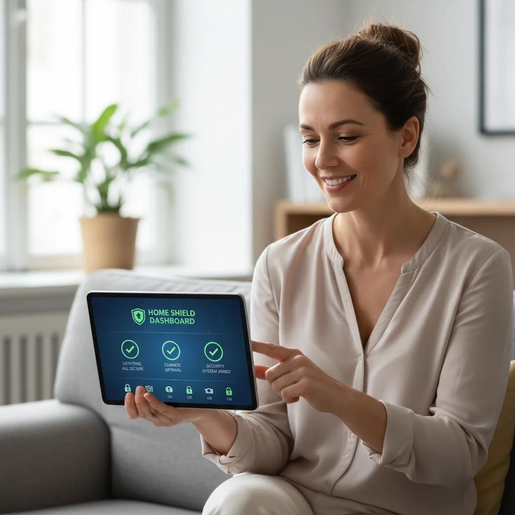 Homeowner confidently using a secure smart home dashboard on a tablet, showcasing user-friendly security.