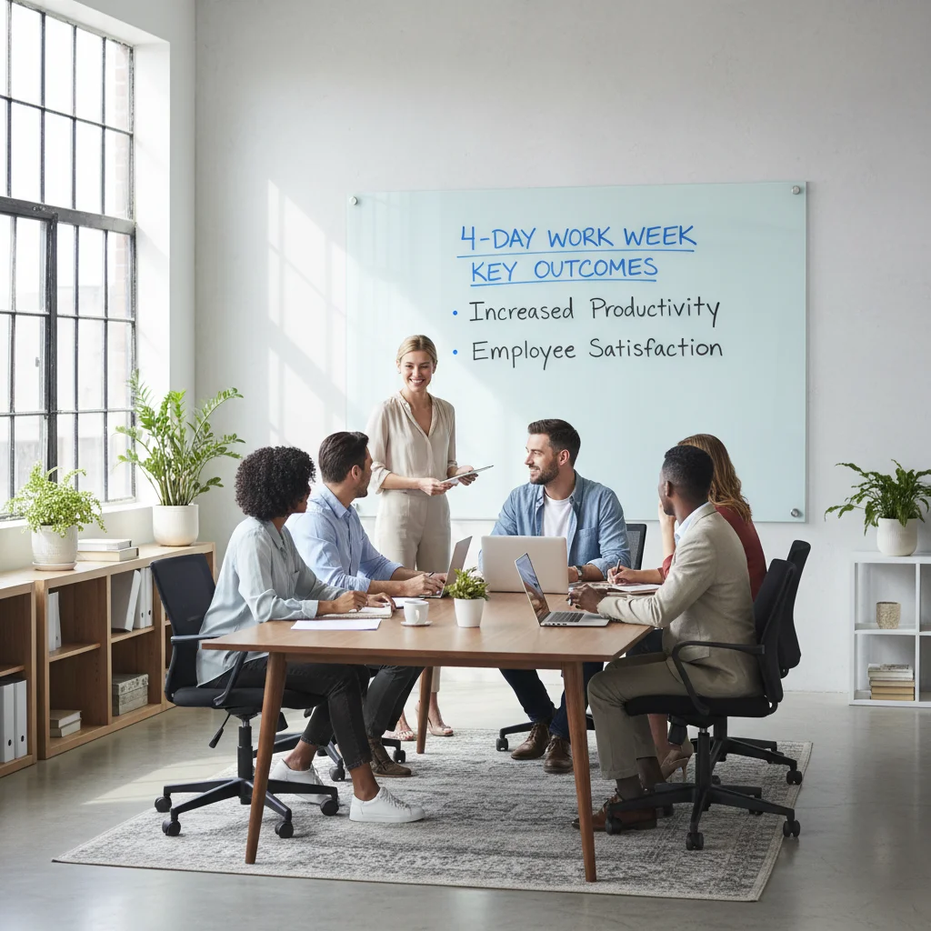 Office environment showcasing increased productivity and employee satisfaction from a 4-day work week.