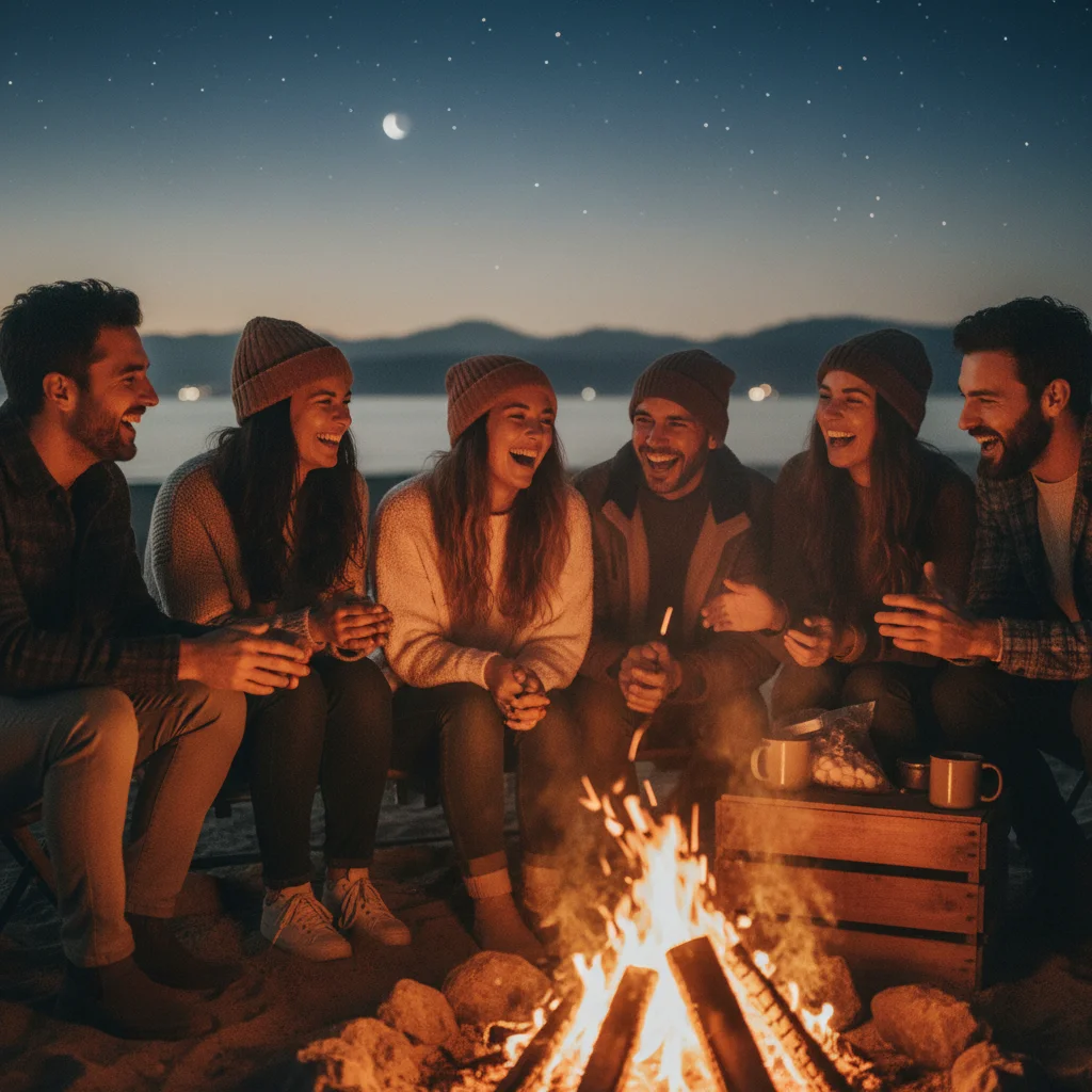 Friends connecting around a campfire without screens