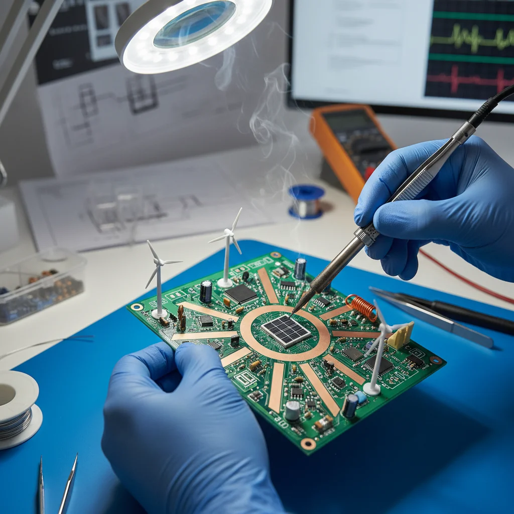Hands working on circuit board for renewable energy systems