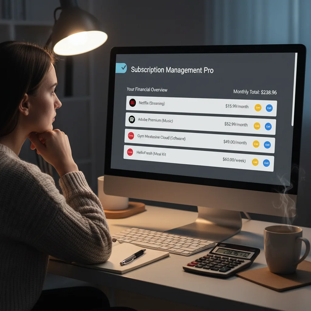 Person reviewing a subscription management tool dashboard on a computer, contemplating financial decisions and subscription optimization.