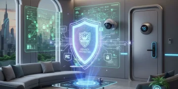 Secure smart home with interconnected IoT devices and digital shield representing robust cybersecurity measures.