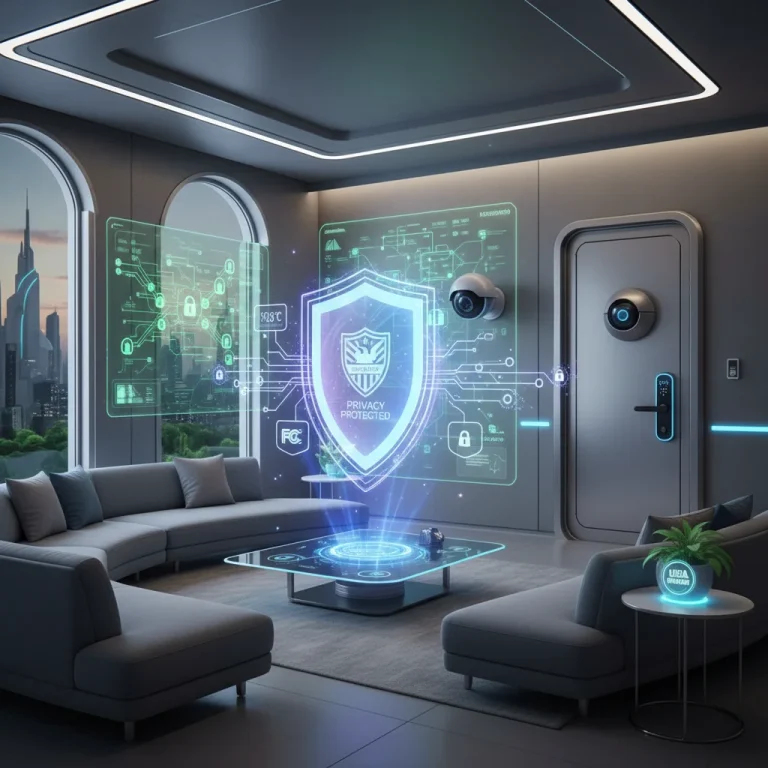 Secure smart home with interconnected IoT devices and digital shield representing robust cybersecurity measures.