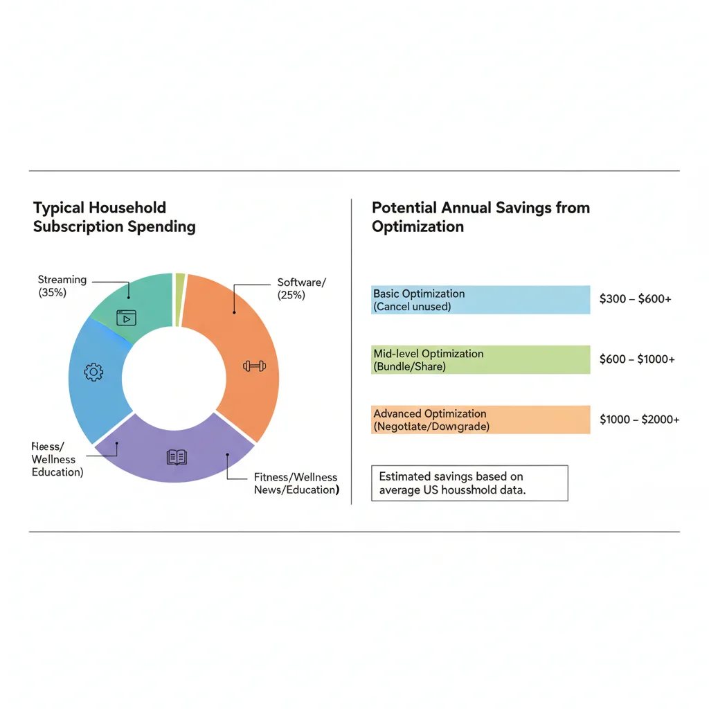 Infographic displaying a pie chart of subscription spending categories and a bar graph of potential annual savings through optimization.