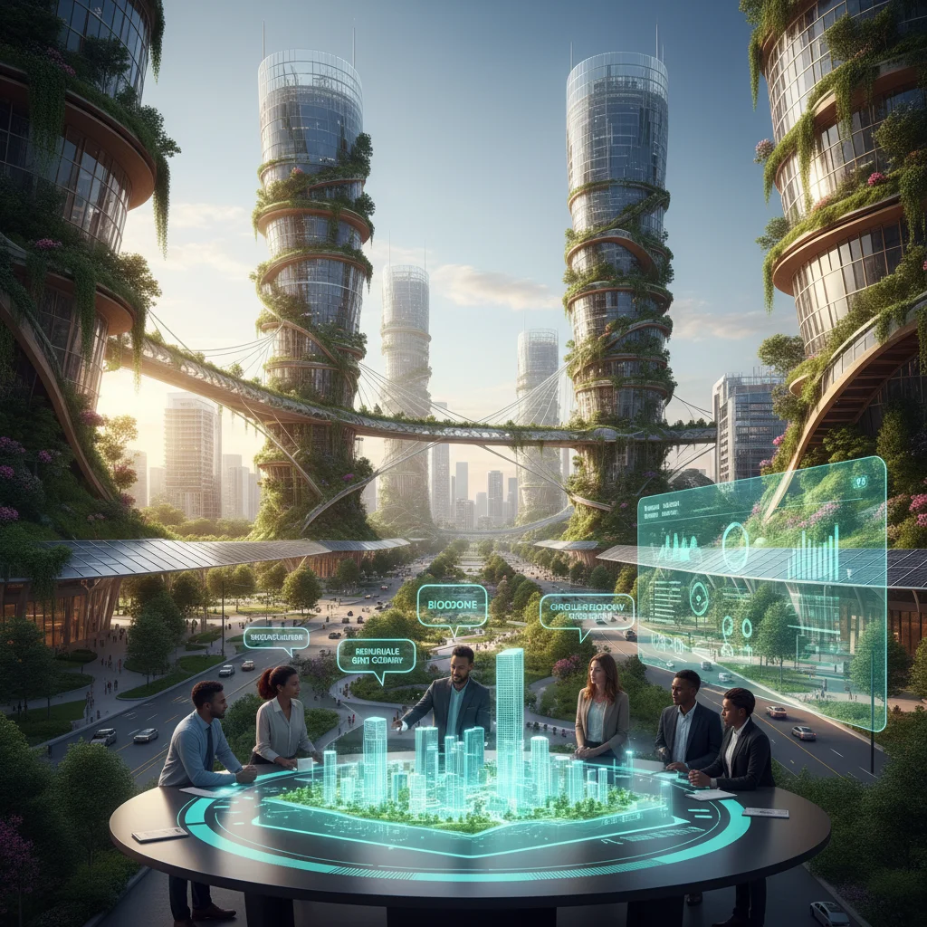 Eco-friendly cityscape with urban planners and sustainability consultants