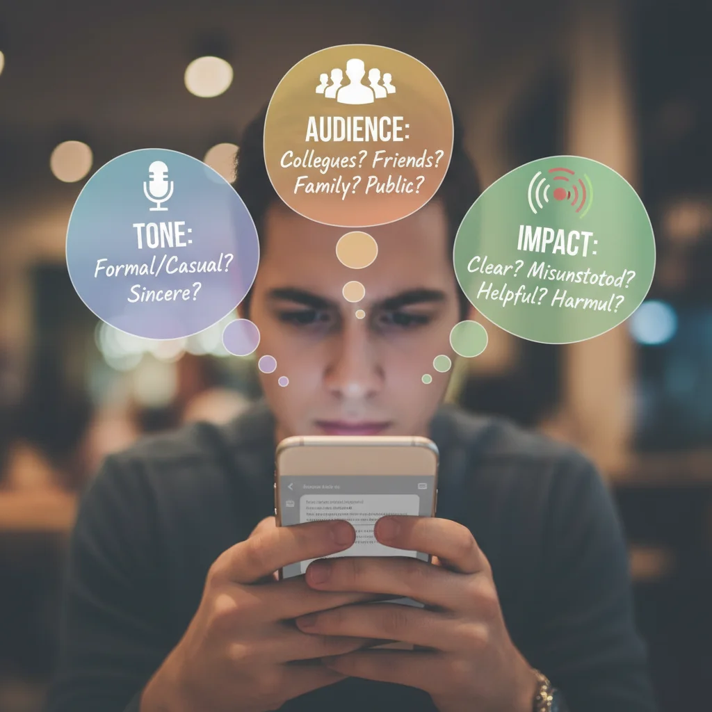 Person thoughtfully composing a digital message, considering tone and audience.