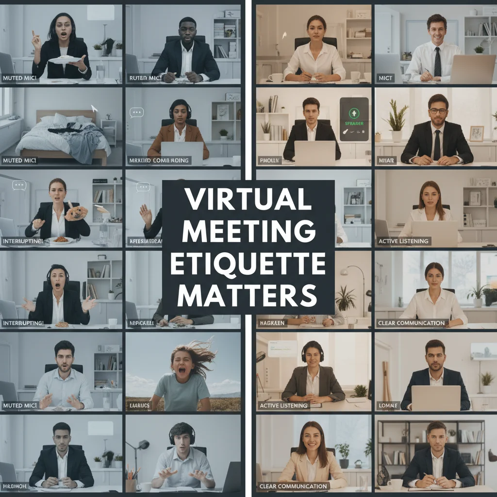 Contrasting professional and unprofessional virtual meeting etiquette.