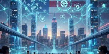 Futuristic digital landscape with blockchain nodes and users interacting with decentralized applications in the US, symbolizing Web3 adoption.