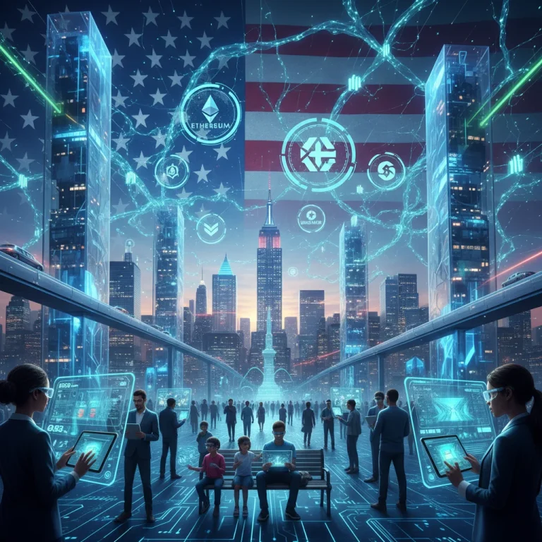 Futuristic digital landscape with blockchain nodes and users interacting with decentralized applications in the US, symbolizing Web3 adoption.