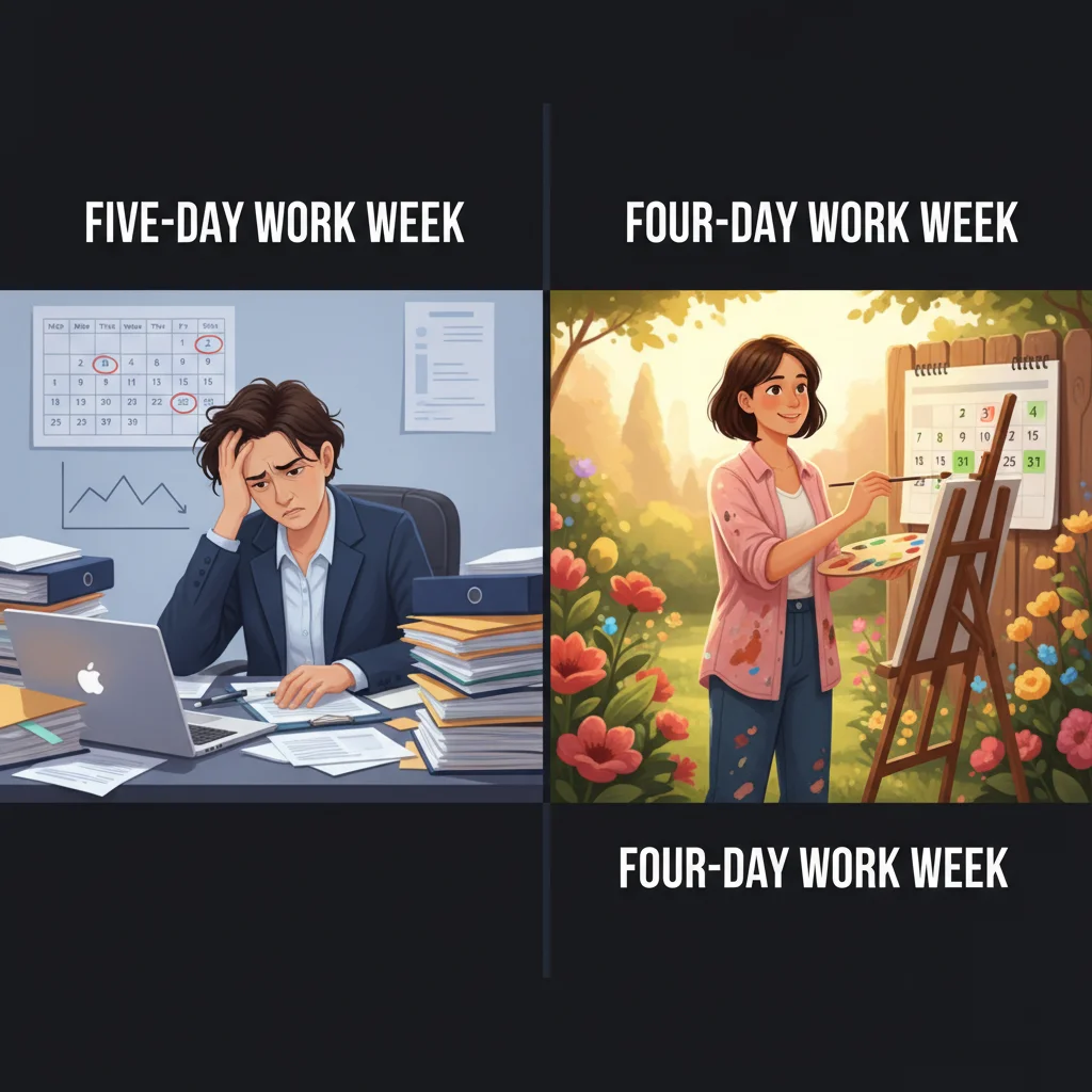 Comparison of traditional five-day versus relaxed four-day work week, highlighting work-life balance.