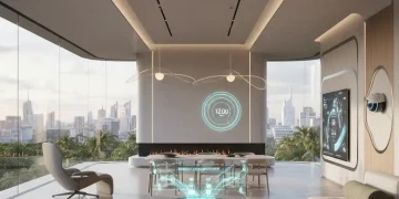 Futuristic smart home interior with interconnected devices and holographic energy display