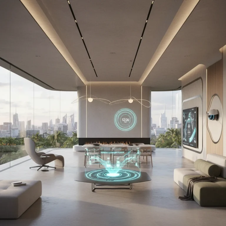 Futuristic smart home interior with interconnected devices and holographic energy display