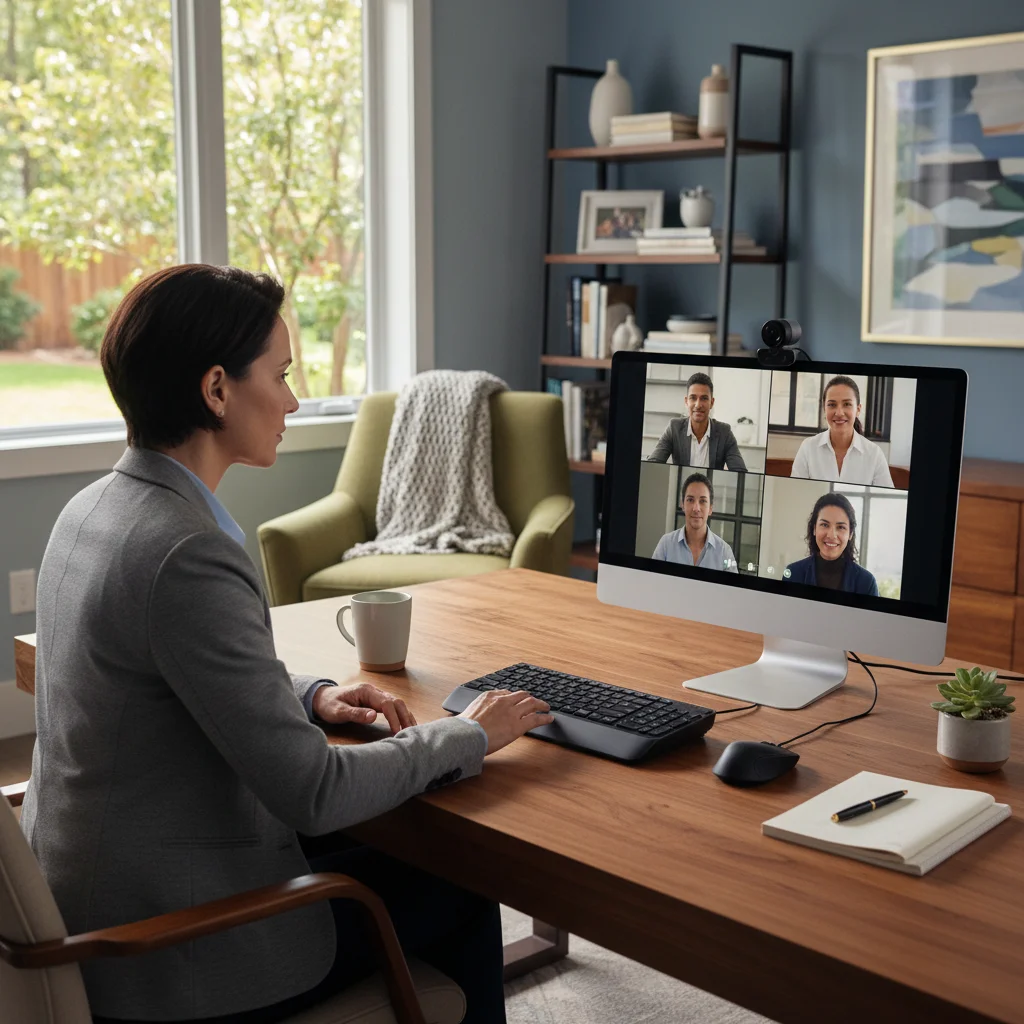 Employee working productively from a home office participating in a video conference.