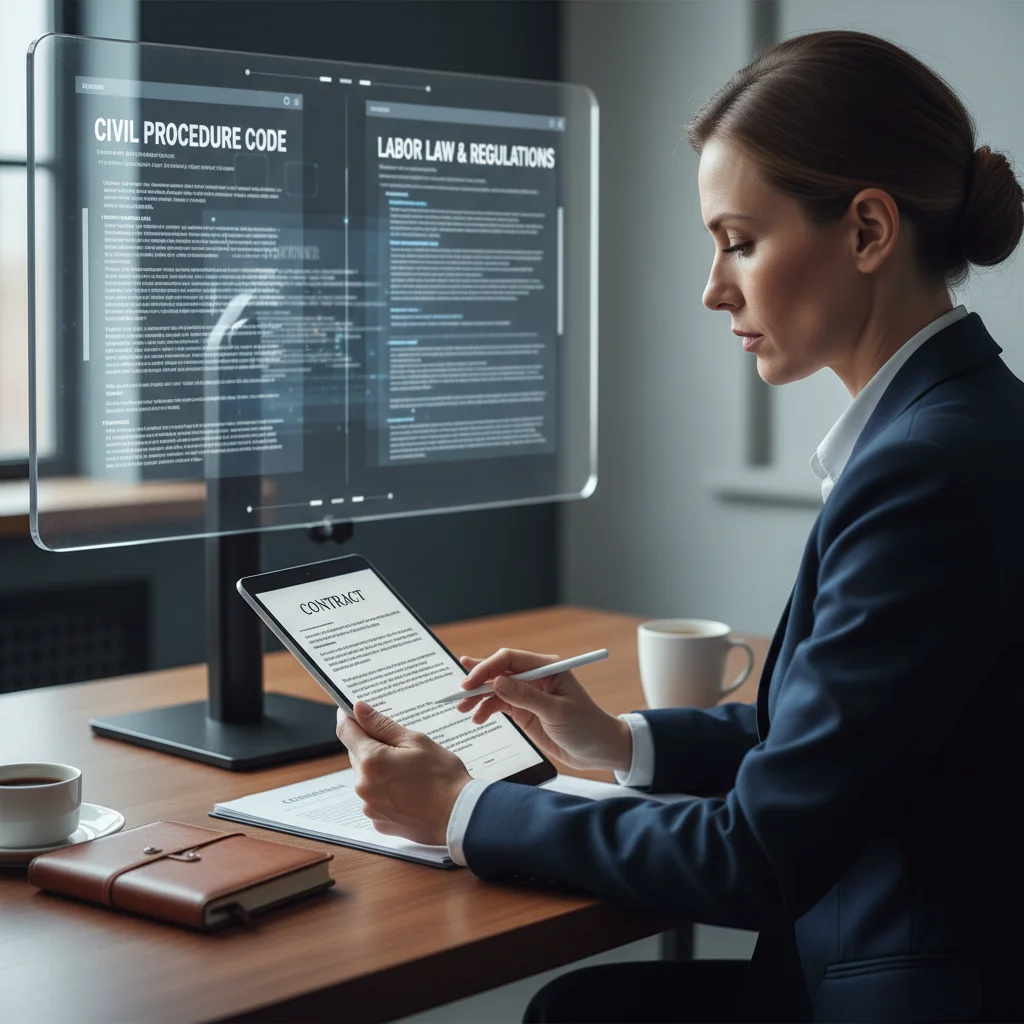 HR manager reviewing digital labor law documents for compliance.