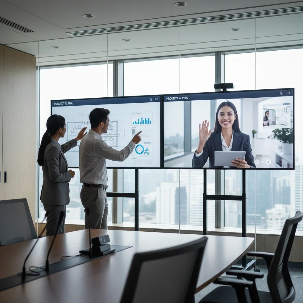 Team members collaborating in a hybrid meeting with remote participant on screen.