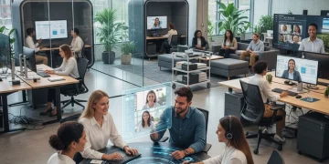 Professionals collaborating in modern hybrid work setting with remote and in-person team members.