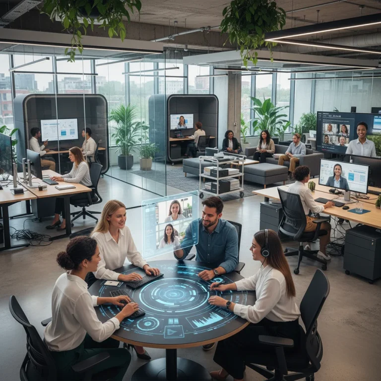 Professionals collaborating in modern hybrid work setting with remote and in-person team members.