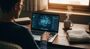 A person viewing a complex cybersecurity dashboard on a laptop, emphasizing vigilance against digital threats in a home office setting. The screen displays network maps and data points with a warm glow.