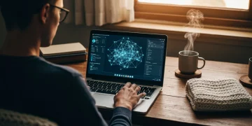 A person viewing a complex cybersecurity dashboard on a laptop, emphasizing vigilance against digital threats in a home office setting. The screen displays network maps and data points with a warm glow.