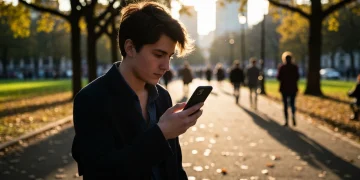 A person walks through a sun-dappled park, engrossed in their smartphone, embodying the modern digital lifestyle where online activities are seamlessly integrated into daily routines.