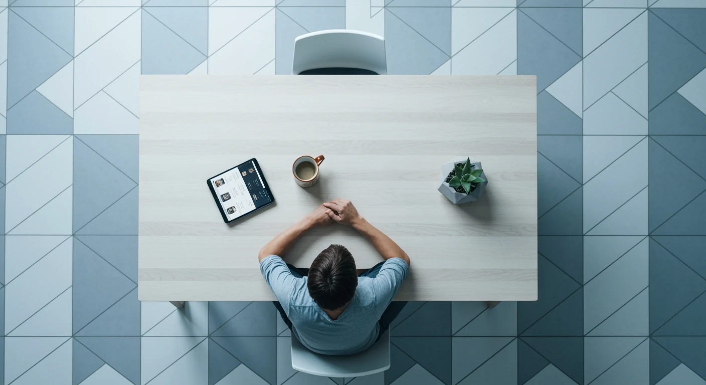 Aerial view of a person at a dining table, illustrating the integration of digital devices like a tablet into daily life, surrounded by geometric floor patterns.