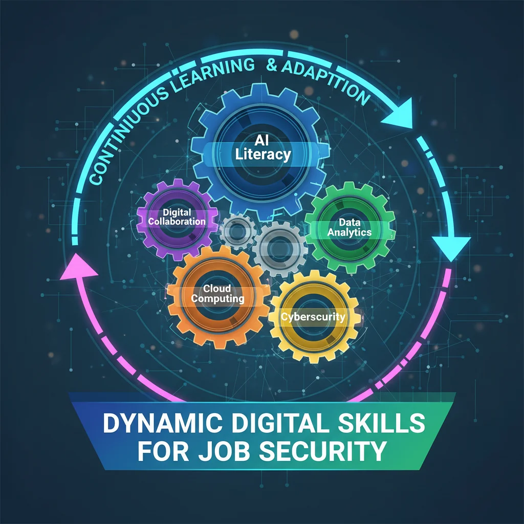 Infographic illustrating interconnected digital skills for future job security.