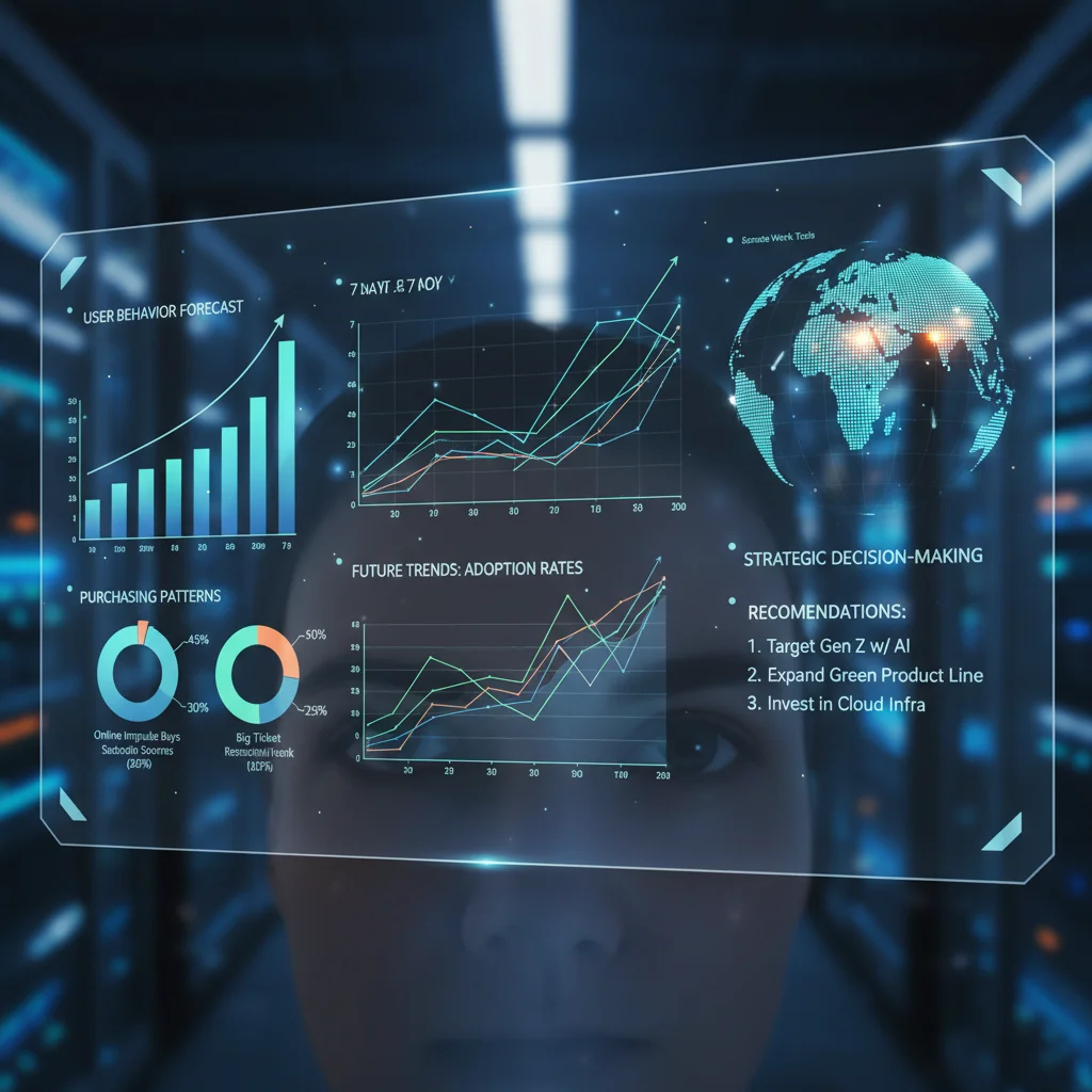 Predictive analytics dashboard forecasting user behavior and purchasing trends.