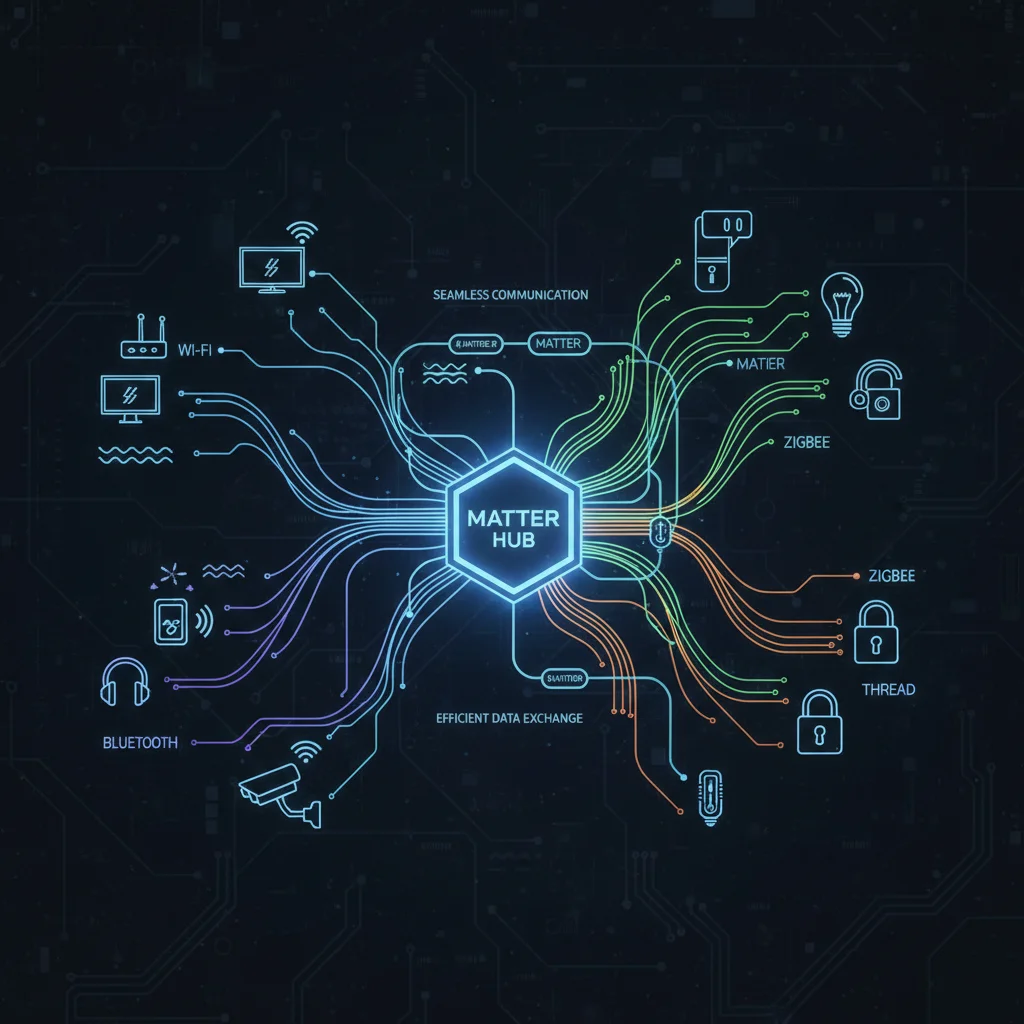Network diagram showing data flow between smart home protocols like Matter, Wi-Fi, Thread