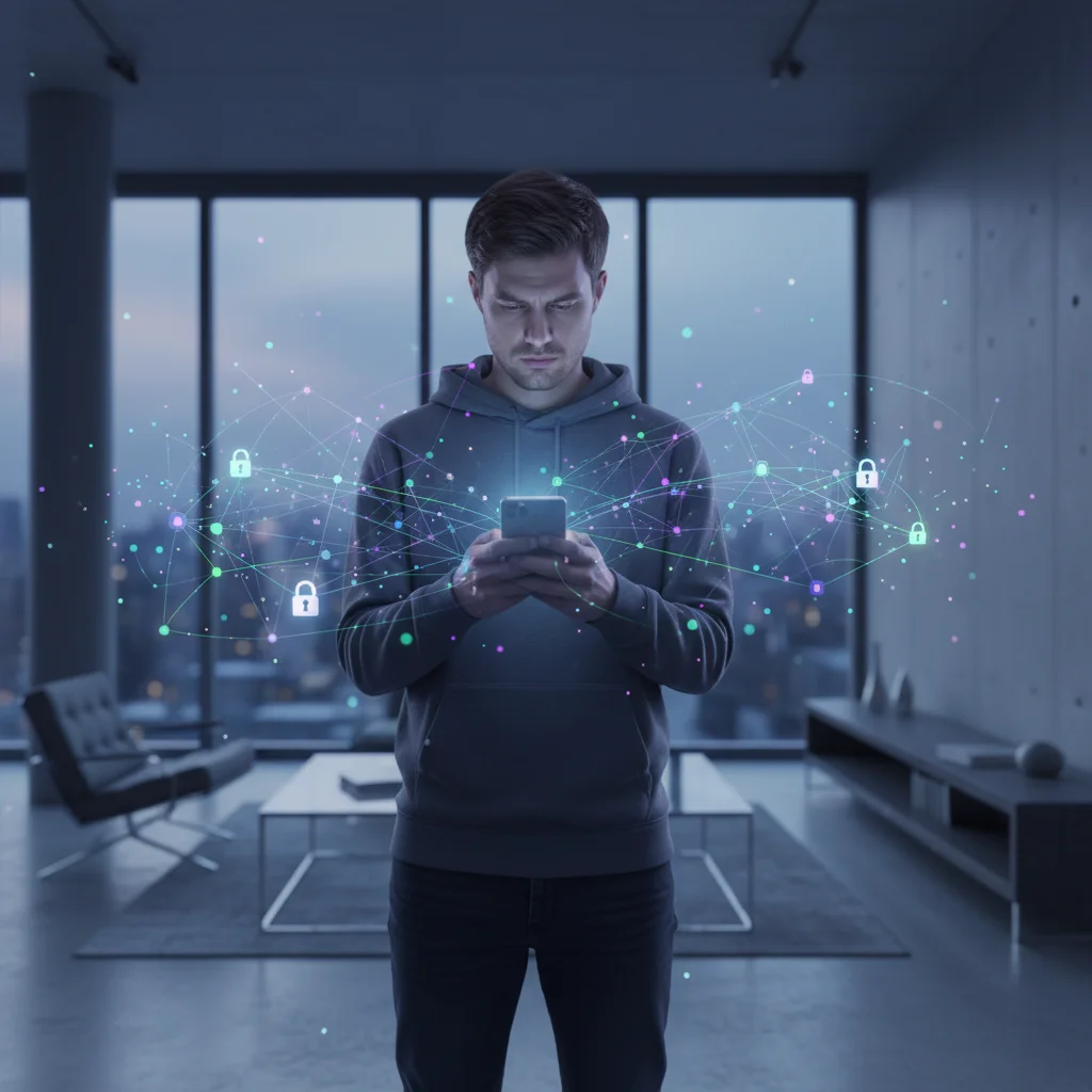 Person interacting with digital data on smartphone