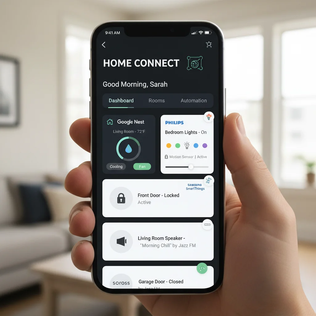 Smartphone displaying unified smart home app controlling multi-brand devices