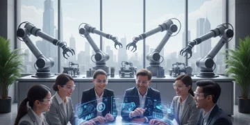 Professionals collaborating on digital skills development for an automated future workforce.