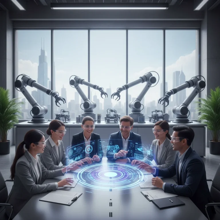 Professionals collaborating on digital skills development for an automated future workforce.