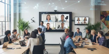 Professionals collaborating in a hybrid work environment with a focus on legal compliance.