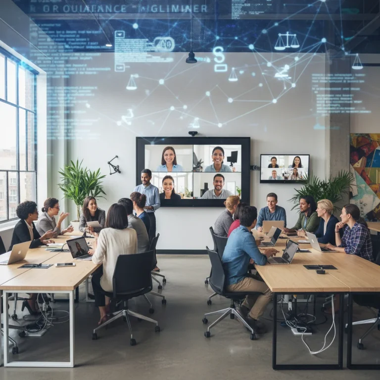Professionals collaborating in a hybrid work environment with a focus on legal compliance.
