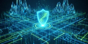 Artificial intelligence protecting digital networks, symbolizing enhanced cybersecurity threat detection.