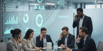 Business professionals using voice assistants for voice search optimization
