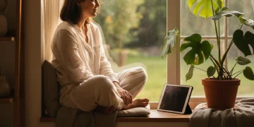 Person practicing digital detox in a calm, sunlit room with plants, promoting healthy online habits.