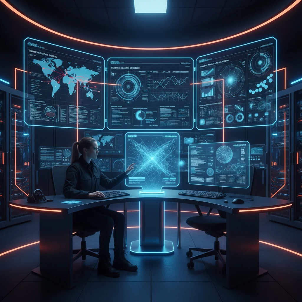 Cybersecurity expert collaborating with an AI system for advanced threat intelligence.